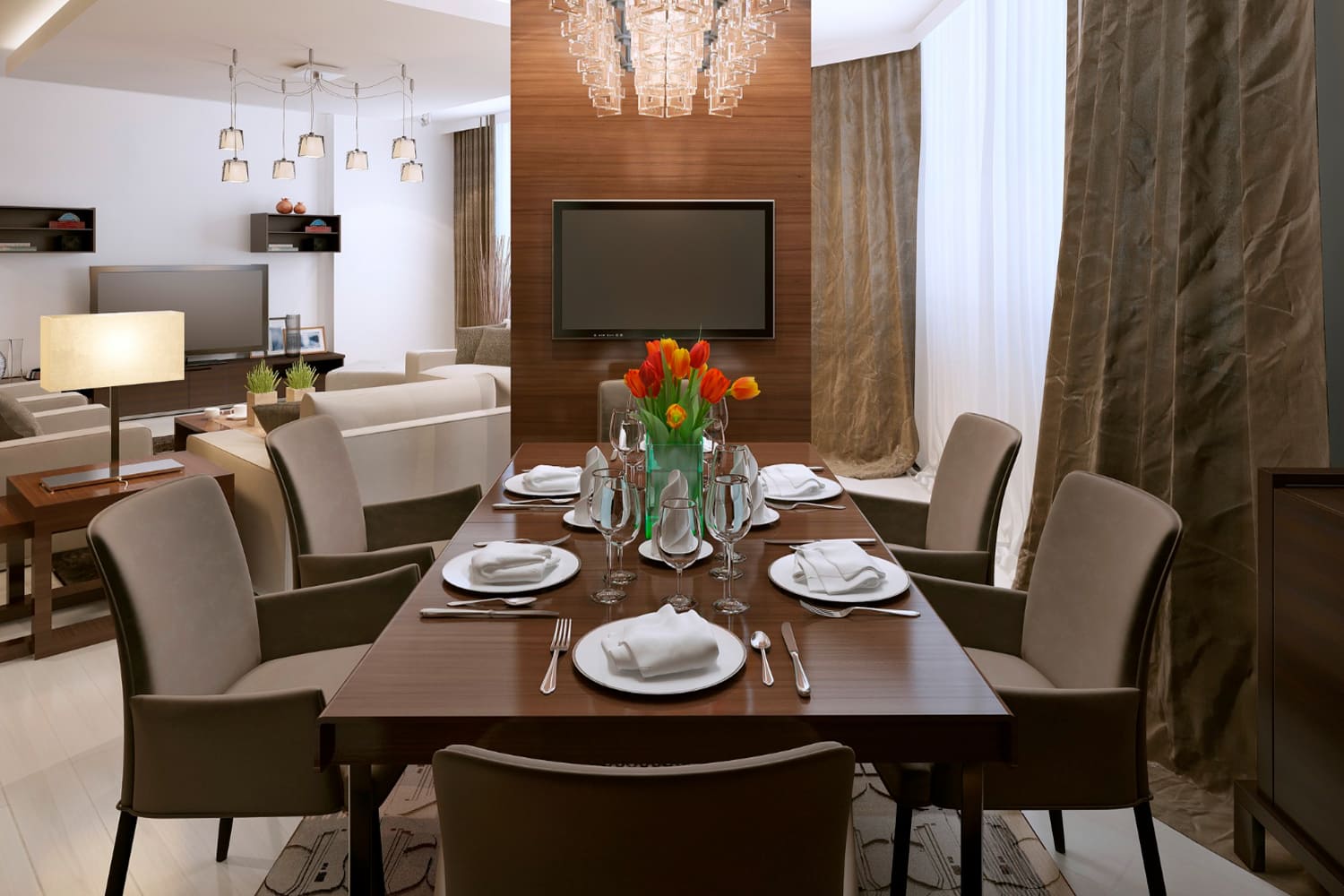 6-seater dining room included in your living room interiors creating a space that is not just visually stunning but also tailored to meet the unique preferences and lifestyle of its occupants