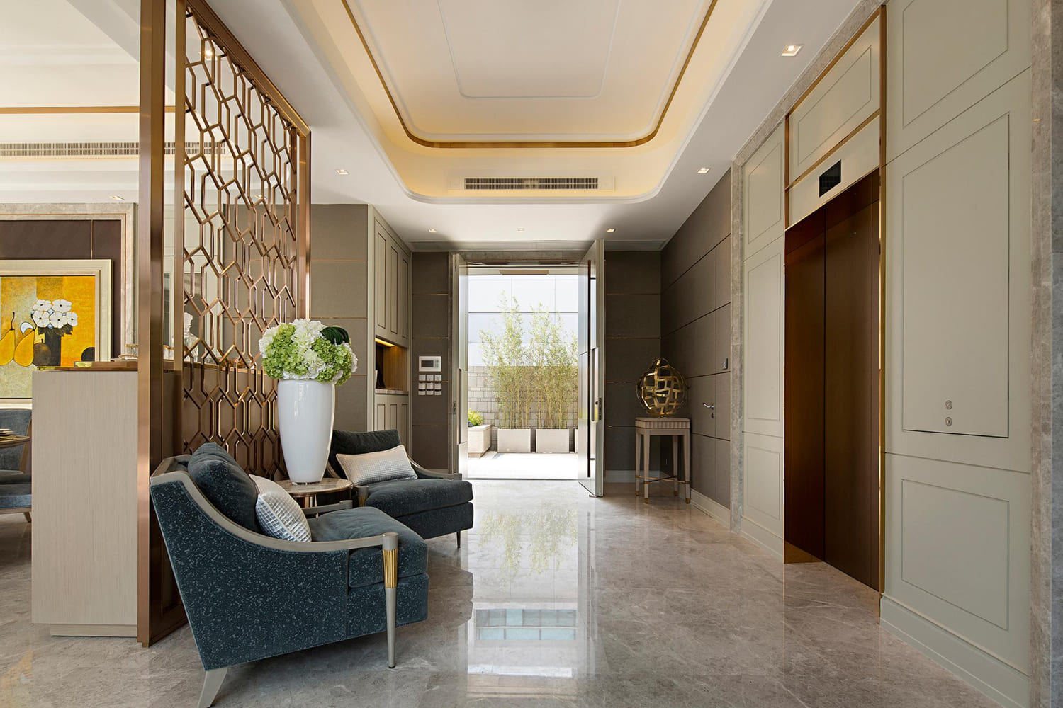 Whether it's the carefully placed accent chairs, the artful arrangement of lighting fixtures, or the seamless integration of technology, every aspect of the entrance of this living room has been well planned by the top interior designers in hyderabad