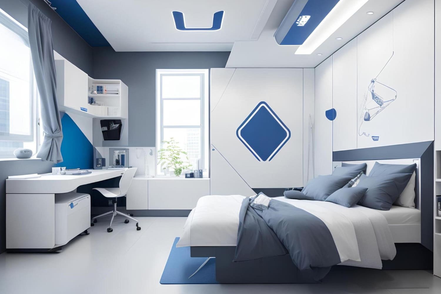 The cupboards in the bedroom are custom-designed to complement the overall aesthetic, featuring a seamless integration of blue and white finishes that matches the interiors of the bedroom.