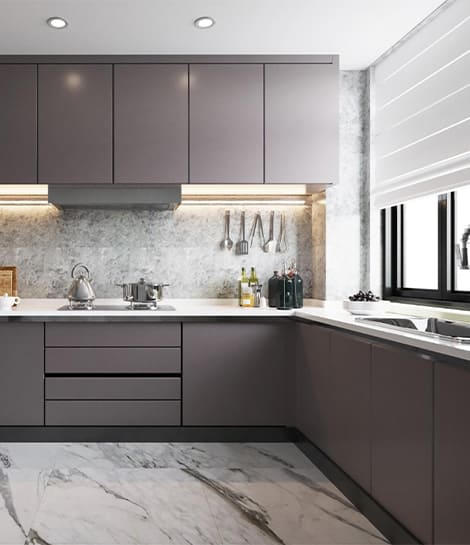 A Grey Modular Kitchen Interior Design Skillfully Crafted by Excess Interiors.