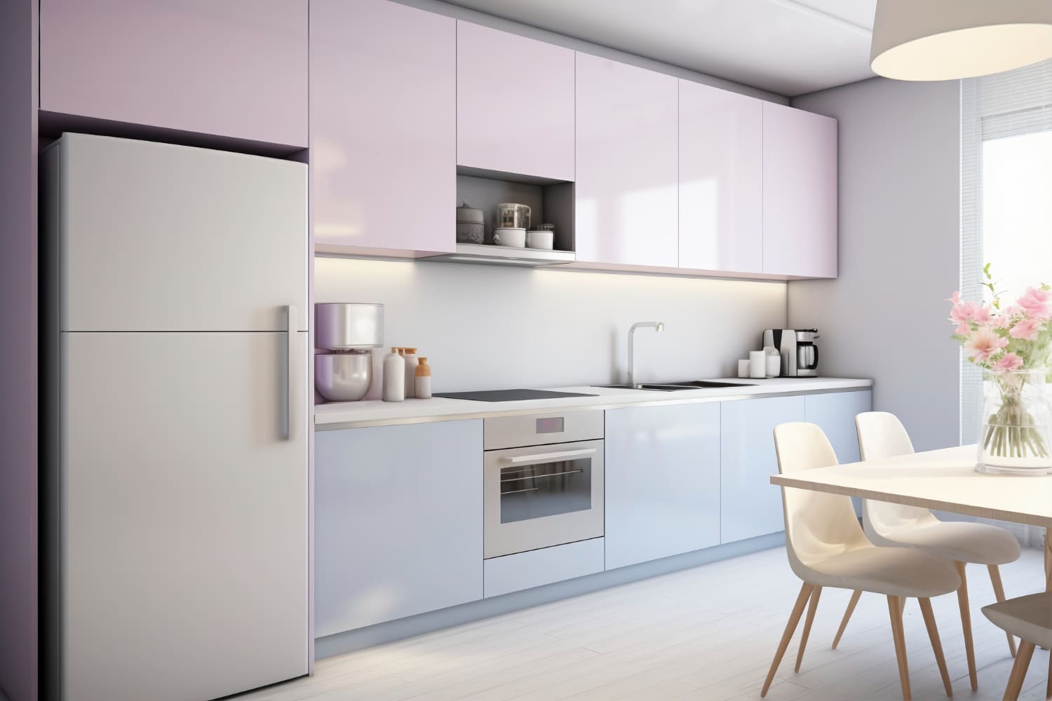 Excess Interiors-Kitchen interior designers transform kitchens with a pastel pink and blue palette. Elevate your space with a stylish and contemporary straight kitchen design in Hyderabad