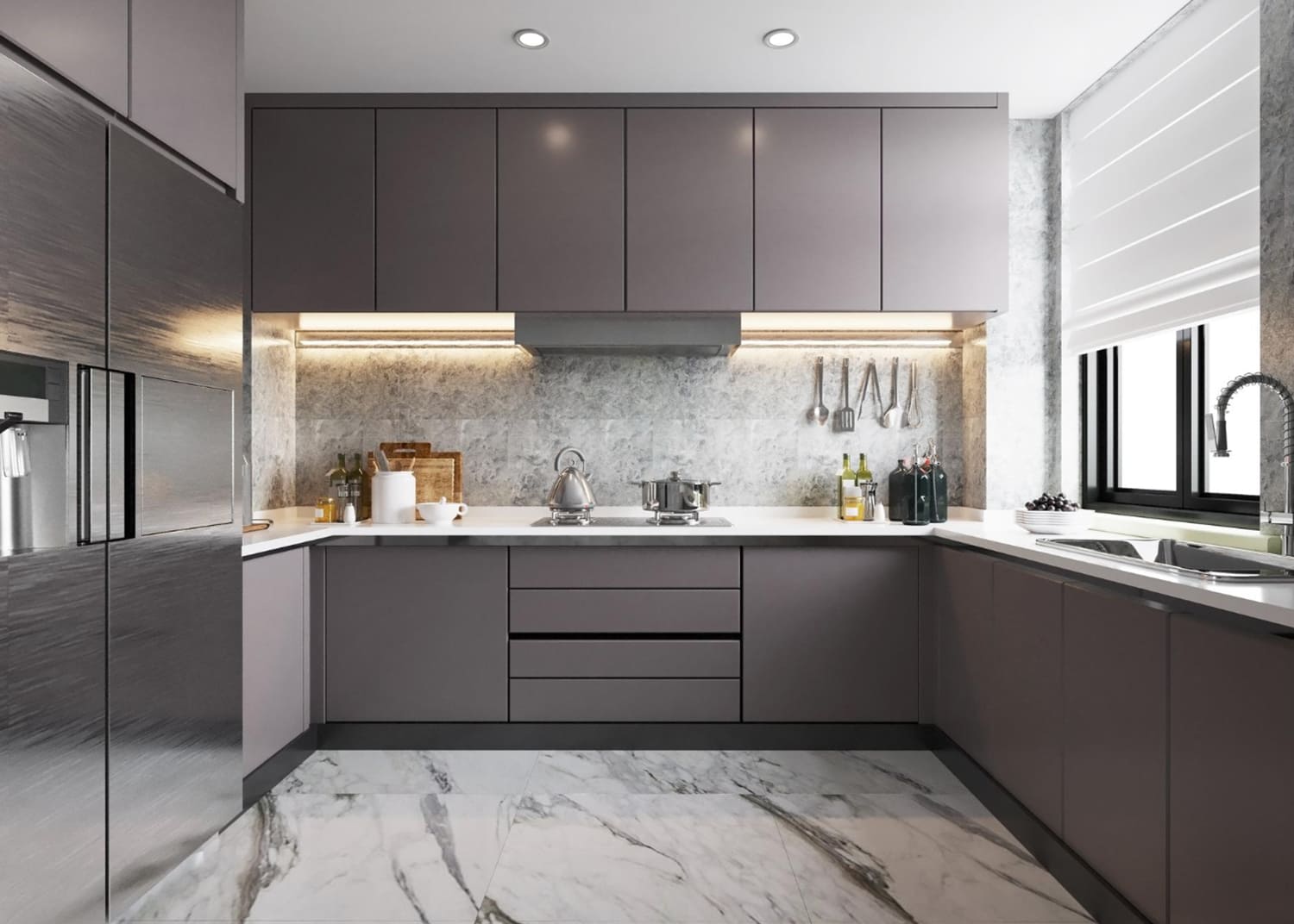 Embrace modern allure with grey cabinets in our U-shaped modular kitchen. Entrust the best kitchen interiors in Hyderabad for a stylish and functional space