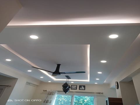 We have used acoustic properties in false ceiling to improve sound insulation within a space.The fan wiring is also concealed to make it visually appealing to the eye.